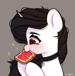 Size: 1977x2000 | Tagged: safe, artist:shelti, derpibooru import, oc, unofficial characters only, pony, unicorn, bread, choker, eating, female, food, gray background, horn, image, jelly, jpeg, mare, pentagram, request, simple background, solo
