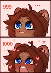 Size: 1386x1976 | Tagged: safe, artist:shelti, derpibooru import, oc, oc:owl, unofficial characters only, earth pony, pony, ..., 1000, 2 panel comic, blushing, bust, chibi, comic, female, heart, image, jpeg, mare, open mouth, portrait, solo