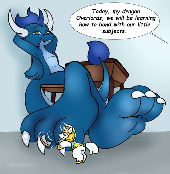 Size: 3900x3990 | Tagged: safe, artist:theinspiredsphynx, derpibooru import, oc, oc:cobalt, oc:cobalt the dragon, dragon, unicorn, affection, armor, blue, chair, classroom, claws, desk, dragon oc, feet, floor, folded wings, foot focus, giant dragon, glow, glowing horn, horn, horns, image, macro, macro/micro, magic, non-pony oc, pampering, paws, pedicure, perspective, png, relaxed, relaxed face, relaxing, royal guard, royal guard armor, school, school desk, sitting, smiling, telekinesis, toes, tongue out, wings