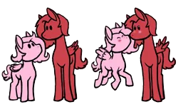 Size: 2000x1200 | Tagged: safe, artist:manticorpse, derpibooru import, oc, oc:raspberry sorbet, oc:strawberry syrup, pegasus, pony, chibi, cute, female, height difference, image, kissing, lesbian, lesbian couple, minimalist, modern art, pegasus oc, png, simple, size difference, wings