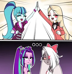 Size: 976x1000 | Tagged: safe, artist:nekojackun, derpibooru import, aria blaze, sonata dusk, demon, human, insect, moth, equestria girls, ..., aria blaze is not amused, bare shoulders, charlie morningstar, crossover, cute, hazbin hotel, image, missing eye, moth demon, one eyed, png, sleeveless, sonatabetes, strapless, unamused, vaggie