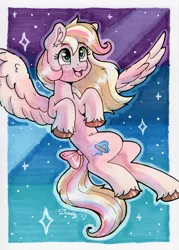 Size: 1467x2052 | Tagged: safe, artist:dandy, derpibooru import, oc, oc:vanilla twirl, unofficial characters only, pegasus, pony, art trade, bow, copic, ear fluff, female, flying, image, night, night sky, open mouth, png, sky, solo, stars, tail, tail bow, traditional art, unshorn fetlocks