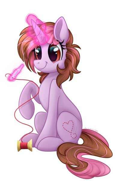 Size: 742x1077 | Tagged: safe, artist:hibiscusstitch, derpibooru import, oc, oc:hibiscus stitch, unofficial characters only, pony, unicorn, female, horn, image, jpeg, needle, simple background, solo, thread, unicorn oc, white background