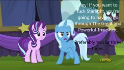 Size: 1280x720 | Tagged: suggestive, derpibooru import, screencap, starlight glimmer, trixie, pony, unicorn, caption, image, image macro, implied bisexual, implied group sex, implied sex, implied threesome, jpeg, text