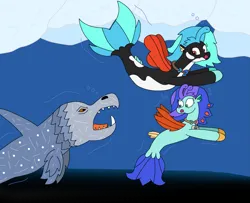 Size: 3015x2448 | Tagged: safe, artist:supahdonarudo, derpibooru import, oc, oc:icebeak, oc:sea lilly, unofficial characters only, seapony (g4), bubble, camera, chase, dorsal fin, fin, fin wings, fins, fish tail, flowing mane, flowing tail, ice, icebeak, image, jewelry, necklace, ocean, open mouth, png, scared, sea monster, swimming, tail, underwater, water, wings, ziphius