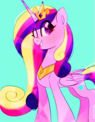 Size: 1074x1368 | Tagged: safe, artist:petaltwinkle, derpibooru import, princess cadance, alicorn, pony, aside glance, chromatic aberration, female, folded wings, image, jpeg, looking at you, mare, one eye closed, sideways glance, simple background, smiling, smiling at you, solo, standing, teal background, three quarter view, wings