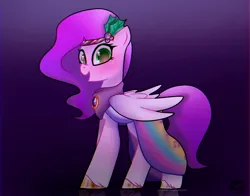 Size: 1368x1074 | Tagged: safe, artist:petaltwinkle, derpibooru import, pipp petals, pegasus, pony, aside glance, blushing, circlet, clothes, dress, female, folded wings, g5, gradient background, image, jpeg, looking at you, mare, open mouth, open smile, sideways glance, smiling, smiling at you, solo, standing, unshorn fetlocks, wings