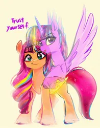Size: 1074x1368 | Tagged: safe, artist:petaltwinkle, derpibooru import, sunny starscout, twilight sparkle, alicorn, pony, alicornified, artificial horn, artificial wings, augmented, duo, g5, horn, image, jpeg, magic, magic horn, magic wings, race swap, wings