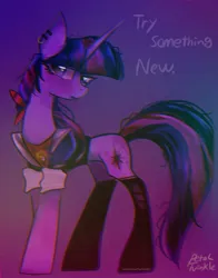 Size: 1074x1368 | Tagged: safe, artist:petaltwinkle, derpibooru import, twilight sparkle, pony, unicorn, aside glance, clothes, ear piercing, female, image, jacket, jpeg, looking at you, mare, piercing, sideways glance, socks, solo, standing, stockings, thigh highs, turned head