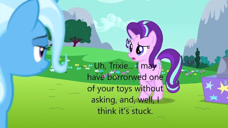 Size: 1280x720 | Tagged: suggestive, derpibooru import, screencap, starlight glimmer, trixie, pony, unicorn, caption, image, image macro, implied sex toy, png, stuck, text