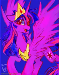 Size: 1074x1368 | Tagged: safe, artist:petaltwinkle, derpibooru import, twilight sparkle, alicorn, pony, diadem, female, image, jpeg, looking at you, mare, open mouth, open smile, peytral, smiling, solo, spread wings, turned head, wings