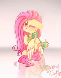 Size: 1074x1368 | Tagged: safe, artist:petaltwinkle, derpibooru import, fluttershy, pegasus, pony, clothes, female, floppy ears, folded wings, image, jpeg, looking at you, looking back, looking back at you, looking over shoulder, one eye closed, raised hoof, reflection, scarf, sitting, solo, tongue out, wings, wink, winking at you