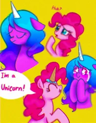 Size: 1074x1368 | Tagged: safe, artist:petaltwinkle, derpibooru import, izzy moonbow, pinkie pie, earth pony, pony, unicorn, bust, cheering up, dialogue, duo, fake horn, female, floppy ears, food, g5, generational ponidox, ice cream, ice cream cone, ice cream horn, image, izzy and her heroine, jpeg, mare, sad, silly, smiling, speech bubble, starry eyes, teary eyes, wingding eyes