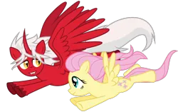 Size: 1000x627 | Tagged: safe, artist:masem, derpibooru import, fluttershy, oc, oc:draco scales, alicorn, pegasus, pony, alicorn oc, cute, cute little fangs, duo, fangs, flying, happy, horn, image, png, shipping, simple background, slit pupils, transparent background, wings