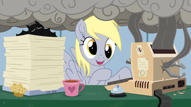 Size: 1920x1080 | Tagged: artist needed, safe, derpibooru import, derpy hooves, pegasus, pony, bell, computer, female, food, image, muffin, mug, png, smoke, solo, studiowhy