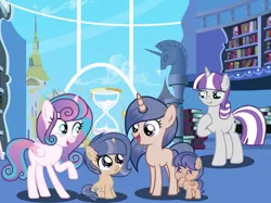 Size: 1033x774 | Tagged: safe, artist:starlingsentry27, derpibooru import, princess flurry heart, twilight velvet, oc, oc:constellation sentry, oc:shooting star sentry, oc:starling sentry, alicorn, pegasus, pony, unicorn, baby, baby pony, blank flank, colored wings, cousins, crown, female, filly, foal, grandmother and grandchild, grandmother and granddaughter, horn, hourglass, image, jewelry, jpeg, library, mare, offspring, older, older flurry heart, parent:flash sentry, parent:twilight sparkle, parents:flashlight, pegasus oc, regalia, siblings, sisters, teenager, unicorn oc, wings