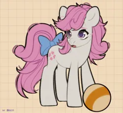 Size: 1200x1097 | Tagged: safe, artist:shelti, derpibooru import, sundance, earth pony, pony, abstract background, ball, bow, colored pupils, female, g1, g1 to g4, g4, generation leap, image, jpeg, mare, open mouth, solo, standing, tail, tail bow