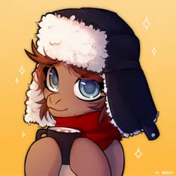 Size: 2000x2000 | Tagged: safe, artist:shelti, derpibooru import, oc, oc:owl, unofficial characters only, earth pony, pony, bust, chocolate, clothes, colored pupils, female, food, gradient background, hat, hoof hold, hot chocolate, image, jpeg, looking at you, mare, marshmallow, mug, scarf, solo, ushanka