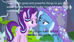 Size: 1280x720 | Tagged: suggestive, derpibooru import, screencap, starlight glimmer, trixie, pony, unicorn, caption, female, image, image macro, implied lesbian, implied sex, lesbian, png, shipping, startrix, text