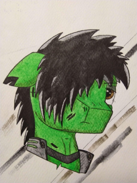 Size: 3456x4608 | Tagged: safe, artist:zocidem, derpibooru import, oc, oc:wrench, unofficial characters only, earth pony, pony, augmented, bust, earth pony oc, emo, eyebrows, eyebrows visible through hair, floppy ears, frown, high res, image, png, portrait, sad, solo