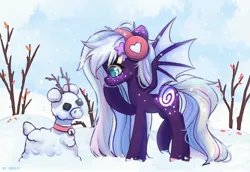 Size: 2900x2000 | Tagged: safe, artist:shelti, derpibooru import, oc, unofficial characters only, bat pony, pony, bat wings, bell, colored pupils, commission, daytime, earmuffs, female, freckles, image, jpeg, mare, outdoors, raised hoof, sky, snow, snowpony, solo, spread wings, standing, stick, tree, wings