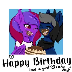 Size: 2000x2000 | Tagged: safe, artist:pastel-pony-princess, derpibooru import, oc, oc:violet rose ze vampony, bat pony, earth pony, pony, cake, food, happy birthday, image, png