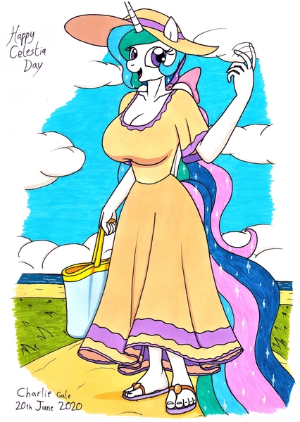 Size: 2478x3492 | Tagged: safe, artist:killerteddybear94, derpibooru import, princess celestia, alicorn, anthro, plantigrade anthro, pony, bag, beckoning, big breasts, breasts, busty princess celestia, celestia day, cleavage, clothes, cute, cutelestia, dress, feet, female, flip-flops, hat, huge breasts, image, inviting, jpeg, looking at you, mare, open mouth, ponytail, sandals, smiling, solo, sun hat, sundress, traditional art