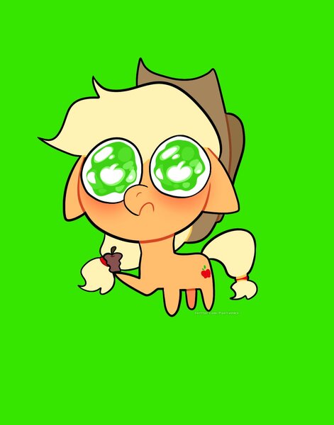 Size: 1074x1368 | Tagged: safe, artist:petaltwinkle, derpibooru import, applejack, earth pony, pony, apple, big eyes, chibi, eye clipping through hair, female, floppy ears, food, frown, green background, image, jpeg, mare, simple background, solo, wide eyes