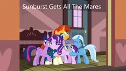 Size: 1280x720 | Tagged: safe, derpibooru import, screencap, maud pie, starlight glimmer, sunburst, trixie, twilight sparkle, alicorn, earth pony, pony, unicorn, caption, image, image macro, png, sunburst gets all the mares, text