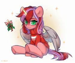Size: 2358x2000 | Tagged: safe, artist:shelti, derpibooru import, oc, unofficial characters only, alicorn, pony, :3, abstract background, blushing, bow, clothes, colored pupils, commission, female, glow, glowing horn, holly, holly mistaken for mistletoe, horn, image, jpeg, looking at you, magic, magic aura, mare, partially open wings, sitting, solo, sweater, wings