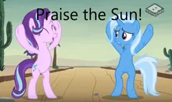 Size: 672x398 | Tagged: safe, derpibooru import, screencap, princess celestia, starlight glimmer, trixie, pony, unicorn, caption, image, image macro, implied princess celestia, png, praise the sun, text