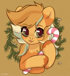 Size: 1856x2000 | Tagged: safe, artist:shelti, derpibooru import, oc, unofficial characters only, earth pony, pony, candy, candy cane, colored pupils, female, food, hoof hold, image, jpeg, mare, request, simple background, solo, unshorn fetlocks, wreath, yellow background