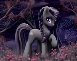 Size: 2560x2048 | Tagged: safe, derpibooru import, editor:felisamafeles, machine learning assisted, machine learning generated, stable diffusion, oc, unofficial characters only, earth pony, pony, black mane, female, flower, flower field, goth, image, night, png, solo, solo female, spider web