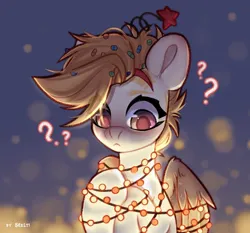 Size: 2139x1994 | Tagged: safe, artist:shelti, derpibooru import, oc, unofficial characters only, pegasus, pony, bust, christmas, christmas lights, colored pupils, confused, female, frown, glow, headband, holiday, image, jpeg, looking down, mare, partially open wings, question mark, stars, wings