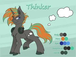 Size: 6000x4500 | Tagged: safe, artist:shad0w-galaxy, derpibooru import, oc, oc:thinker, unofficial characters only, pony, unicorn, absurd resolution, chest fluff, color palette, commission, cutie mark, ear fluff, headphones, hooves, image, looking at you, male, png, reference sheet, simple background, smiling, stallion, unshorn fetlocks, watermark