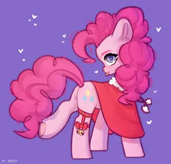 Size: 1200x1154 | Tagged: safe, artist:shelti, derpibooru import, pinkie pie, earth pony, pony, :p, bell, butt, colored pupils, female, heart, image, jpeg, mare, plot, purple background, raised leg, shawl, simple background, solo, tongue out, underhoof