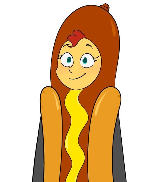 Size: 1575x1802 | Tagged: safe, artist:sunsetslight, derpibooru import, sunset shimmer, human, equestria girls, clothes, costume, eyebrows, female, food, food costume, hot dog, hot dog costume, image, jpeg, meat, sausage, sausage costume, simple background, smiling, solo, white background