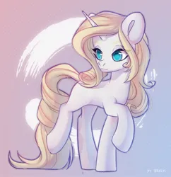 Size: 1908x1973 | Tagged: safe, artist:shelti, derpibooru import, oc, unofficial characters only, pony, unicorn, :3, colored pupils, commission, female, gradient background, horn, image, jpeg, mare, raised hoof, raised leg, smiling, solo, standing