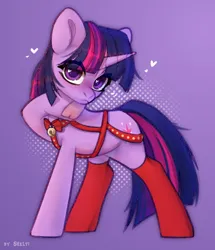 Size: 1722x2000 | Tagged: safe, artist:shelti, derpibooru import, twilight sparkle, pony, unicorn, bell, bow, clothes, colored pupils, female, frown, heart, hoof heart, horn, image, jpeg, looking at you, mare, purple background, raised hoof, simple background, socks, solo, standing, tack, underhoof, unicorn twilight