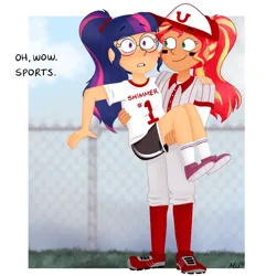 Size: 1864x1931 | Tagged: safe, artist:sunsetslight, derpibooru import, sci-twi, sunset shimmer, twilight sparkle, human, baseball, baseball cap, bridal carry, cap, carrying, duo, duo female, eyebrows, eyebrows visible through hair, facial markings, female, frown, glasses, hat, humanized, image, jpeg, lesbian, light skin, scitwishimmer, shipping, signature, smiling, sports, sunsetsparkle, tan skin, teeth, the owl house