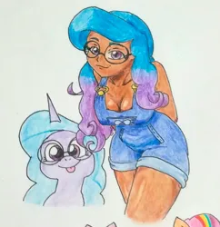 Size: 1920x1980 | Tagged: safe, artist:jackudoggy, derpibooru import, izzy moonbow, human, pony, my little pony: tell your tale, breasts, busty izzy moonbow, dark skin, female, g5, glasses, high res, humanized, image, mare, png, self paradox, self ponidox, tongue out, traditional art