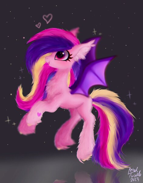 Size: 1074x1368 | Tagged: safe, artist:petaltwinkle, derpibooru import, princess cadance, alicorn, bat pony, bat pony alicorn, pony, bat ponified, bat wings, chest fluff, cute, digital art, ear fluff, eyelashes, fangs, female, flying, horn, image, jpeg, lovebat, mare, messy mane, messy tail, night, open mouth, pink eyes, race swap, signature, sky, species swap, stars, tail, teeth, unshorn fetlocks, wings