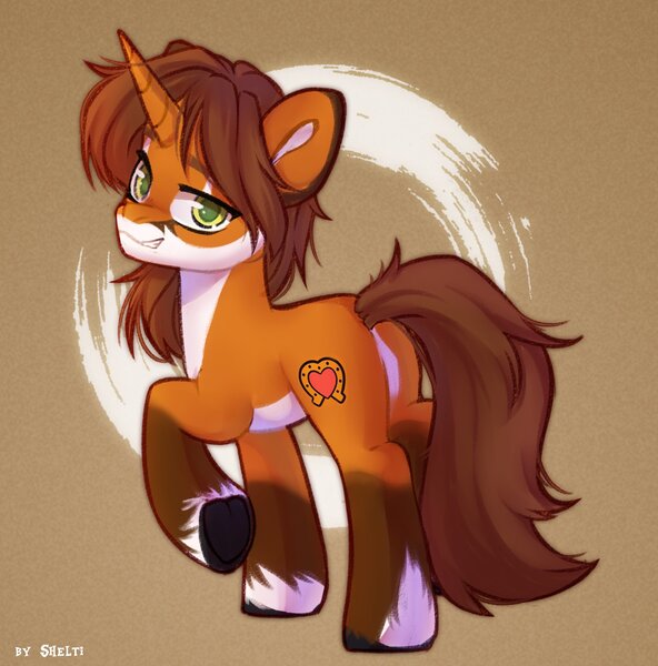 Size: 1957x1985 | Tagged: safe, artist:shelti, derpibooru import, oc, unofficial characters only, fox, fox pony, hybrid, pony, colored pupils, commission, countershading, horn, image, jpeg, looking at you, looking back, looking back at you, male, raised hoof, simple background, smiling, smirk, stallion, standing, tan background, unshorn fetlocks