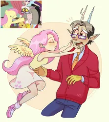 Size: 2148x2412 | Tagged: safe, artist:misskali7, artist:missratkali, derpibooru import, discord, fluttershy, human, discordant harmony, clothes, discoshy, duo, elf ears, emanata, female, glasses, horn, horned humanization, humanized, image, jpeg, male, necktie, scene interpretation, screencap reference, shipping, skirt, straight, sweater, winged humanization, wings