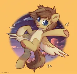 Size: 2088x2000 | Tagged: safe, artist:shelti, derpibooru import, oc, unofficial characters only, pegasus, pony, cloud, colored pupils, commission, countershading, cute, flying, happy, hoof heart, image, jpeg, looking at you, male, open mouth, outdoors, simple background, sky, solo, spread wings, stallion, underhoof, wings, yellow background