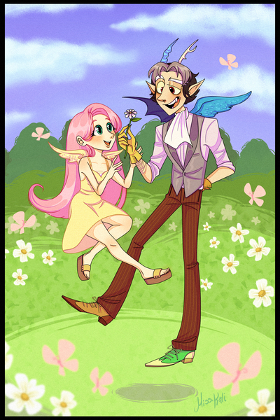 Size: 2000x3000 | Tagged: safe, artist:misskali7, artist:missratkali, derpibooru import, discord, fluttershy, butterfly, human, insect, clothes, discoshy, dress, duo, female, floating, flower, gloves, high res, horn, horned humanization, humanized, image, jpeg, male, outdoors, sandals, shipping, shoes, smiling, straight, vest, winged humanization, wings