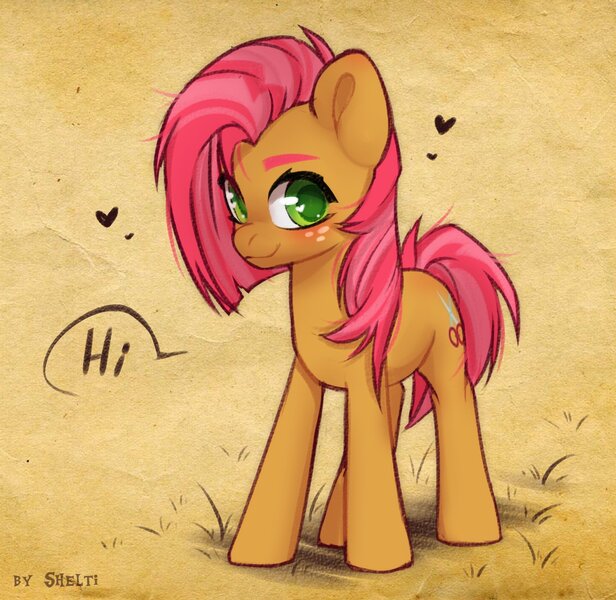 Size: 1470x1432 | Tagged: safe, artist:shelti, derpibooru import, babs seed, earth pony, pony, colored pupils, dirt, female, freckles, grass, heart, hi, image, jpeg, looking at you, mare, older, outdoors, solo, speech bubble