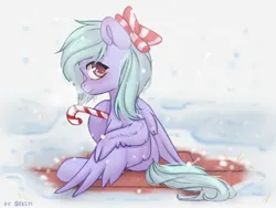 Size: 2000x1500 | Tagged: safe, artist:shelti, derpibooru import, flitter, pegasus, pony, bow, candy, candy cane, colored pupils, cute, female, flitterbetes, food, hoof hold, image, jpeg, looking at you, looking back, looking back at you, mare, outdoors, sitting, smiling, snow, solo, spread wings, wings
