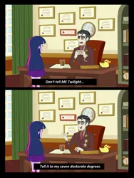 Size: 2800x3721 | Tagged: safe, artist:misskali7, artist:missratkali, derpibooru import, discord, twilight sparkle, equestria girls, 2 panel comic, chaos star, chocolate, chocolate milk, clothes, comic, desk, diploma, duo, equestria girls-ified, female, food, glasses off, image, jpeg, male, milk, necktie, office, rubber duck, suit