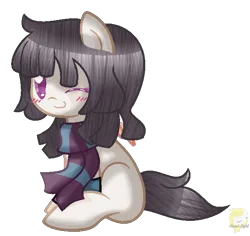 Size: 625x589 | Tagged: safe, artist:angellightyt, derpibooru import, oc, unofficial characters only, earth pony, pony, base used, blushing, clothes, earth pony oc, eyelashes, female, image, mare, one eye closed, png, scarf, simple background, sitting, solo, transparent background, wink